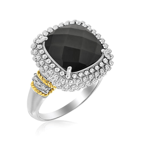 18K Yellow Gold & Sterling Silver Black Onyx and Diamond Popcorn Cushion Ring