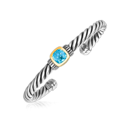 18K Yellow Gold and Sterling Silver Blue Topaz Open Cable Style Cuff Bangle