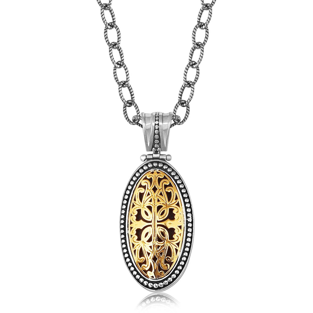 18K Yellow Gold and Sterling Silver Oval Pendant with Flourishes and Dot Accents