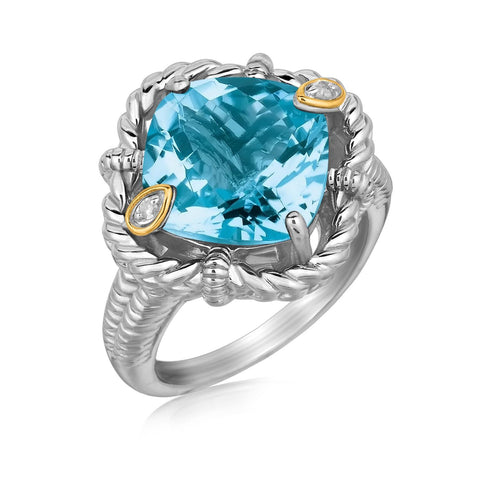 18K Yellow Gold and Sterling Silver Ring with Cushion Blue Topaz and Diamonds