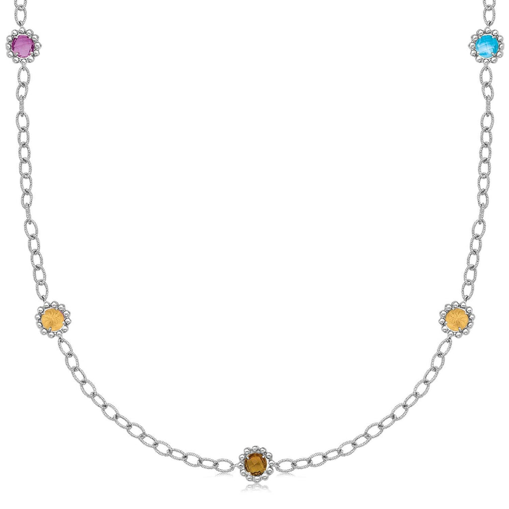 18K Yellow Gold and Sterling Silver 17" Chain Necklace With Multi Gemstones