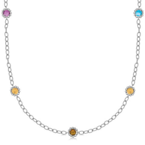 18K Yellow Gold and Sterling Silver 17" Chain Necklace With Multi Gemstones