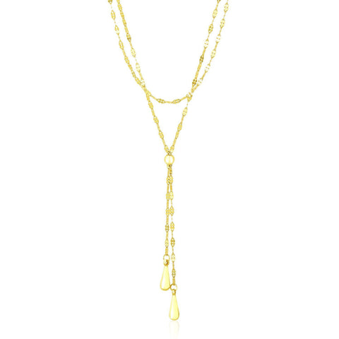 14K Yellow Gold Double Strand Chain with Puffed Heart Lariat Necklace