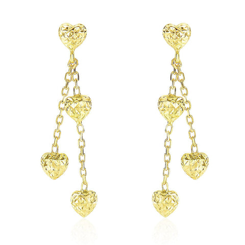 14K Yellow Gold Puffed Heart Diamond Cut Chain Dangling Earrings