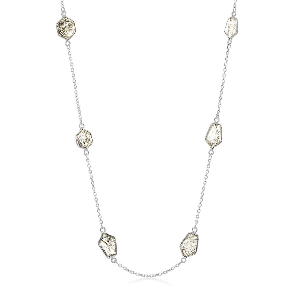 Sterling Silver Long Necklace with Rutilated Quartz Geometric Stations