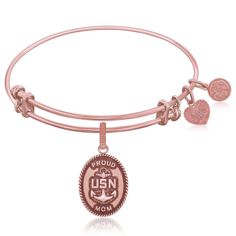 Expandable Bangle in Pink Tone Brass with U.S. Navy Proud Mom Symbol