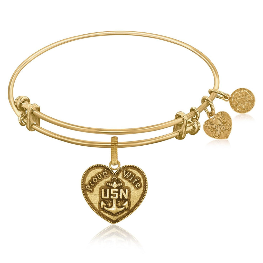 Expandable Bangle in Yellow Tone Brass with U.S. Navy Proud Wife Symbol