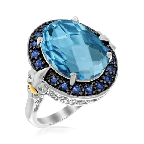 18K Yellow Gold & Sterling Silver Blue Topaz and Blue Sapphire Oval Ring