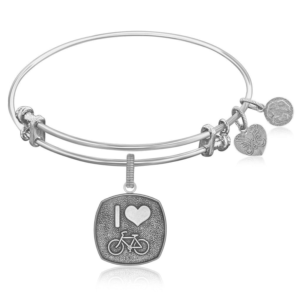 Expandable Bangle in White Tone Brass with I Love Bicycling Symbol