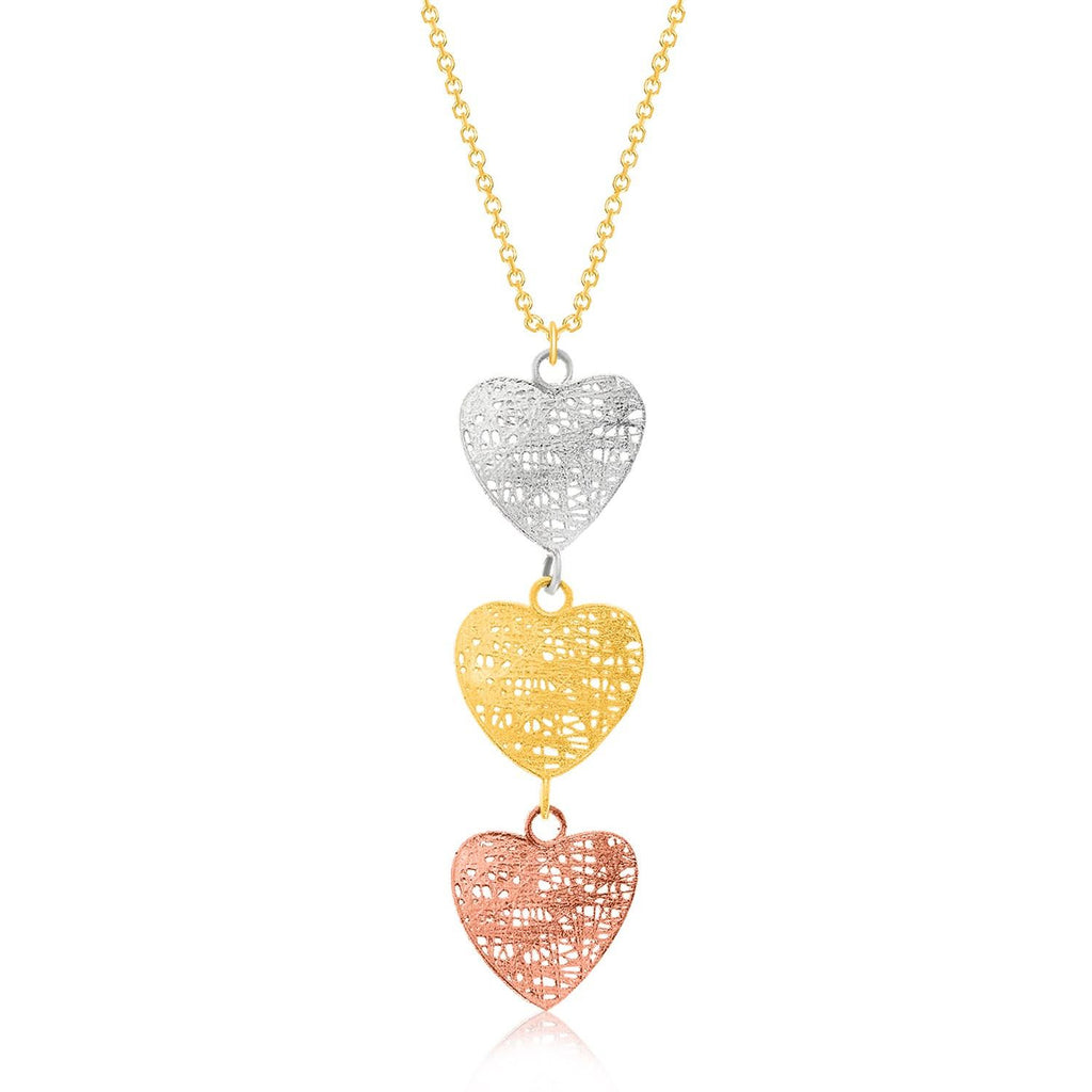 14K Tri-Color Gold Mesh Wire Heart Chain Dangling Pendant