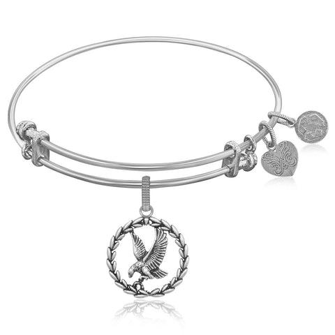 Expandable Bangle in White Tone Brass with American Eagle Charm Symbol