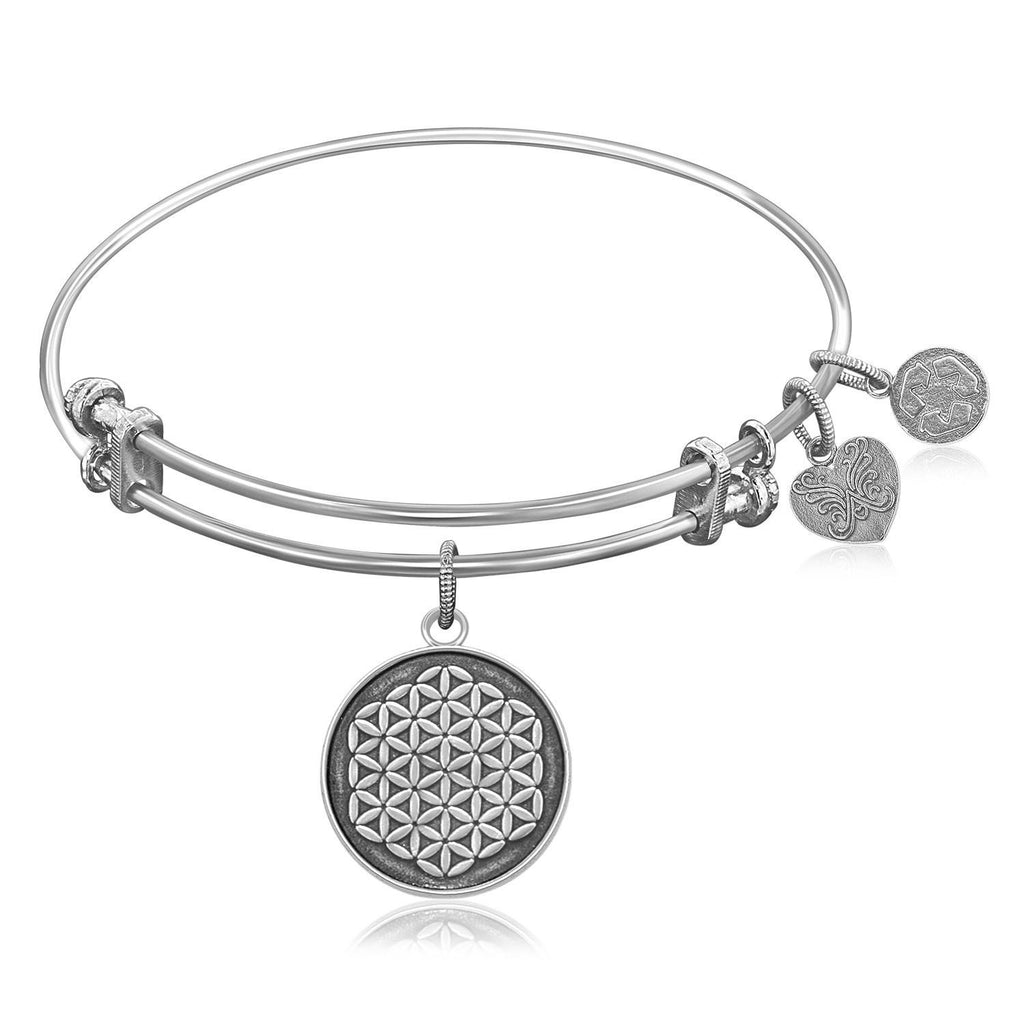 Expandable Bangle in White Tone Brass with Sacred Geometry Flower Of Life