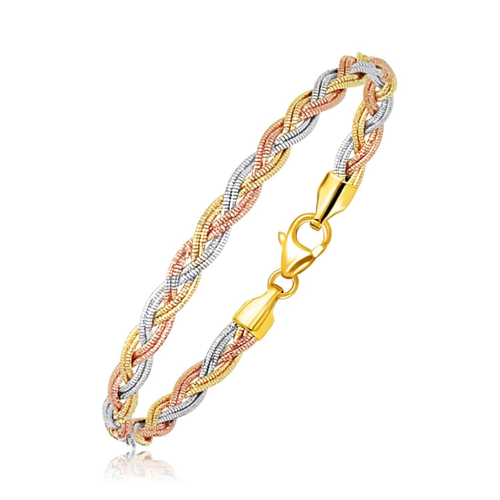 14K Tri-Tone Gold Braided Design Multi Strand Mirror Spring Bracelet