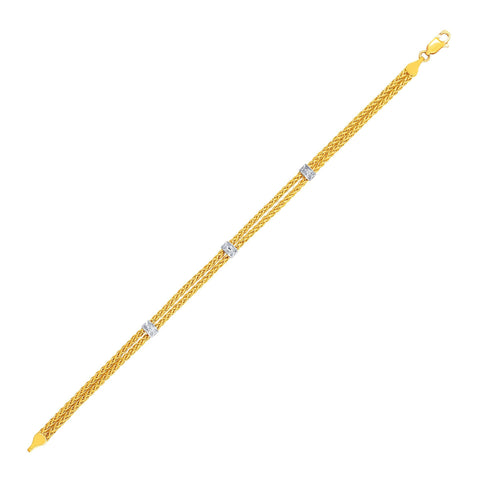 14K Two-Tone Gold Dual Wheat Chain Bracelet with Diamond Stations (.02 ct. tw.)