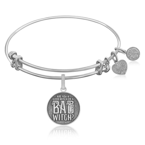 Expandable Bangle in White Tone Brass with Good Witch Bad Witch Symbol