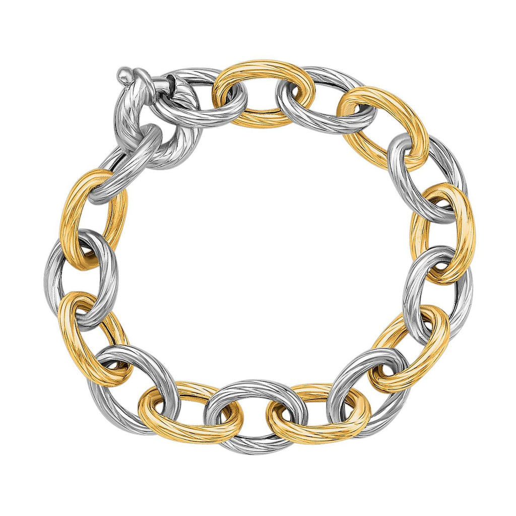 18K Yellow Gold and Sterling Silver Rhodium Plated Diamond Cut Chain Bracelet