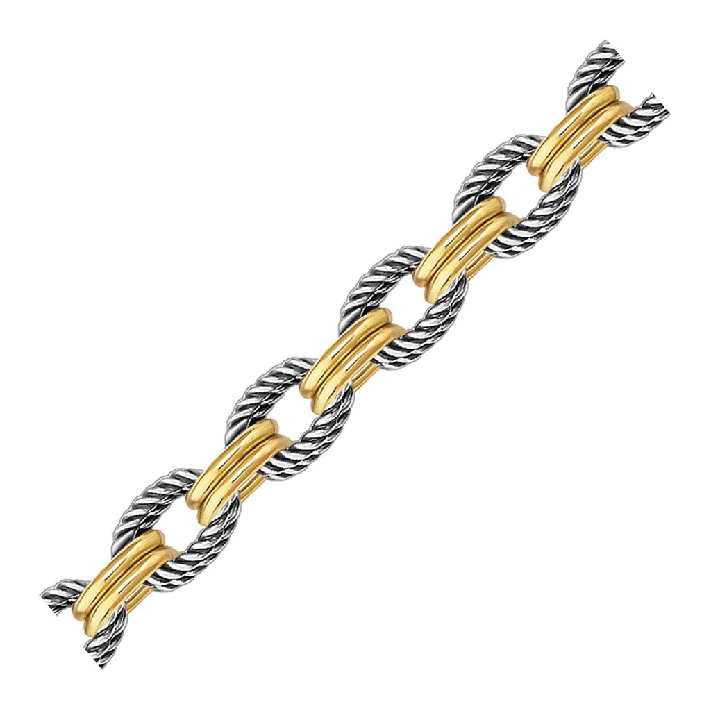 18K Yellow Gold and Sterling Silver Dual Polished and Cable Style Chain Bracelet