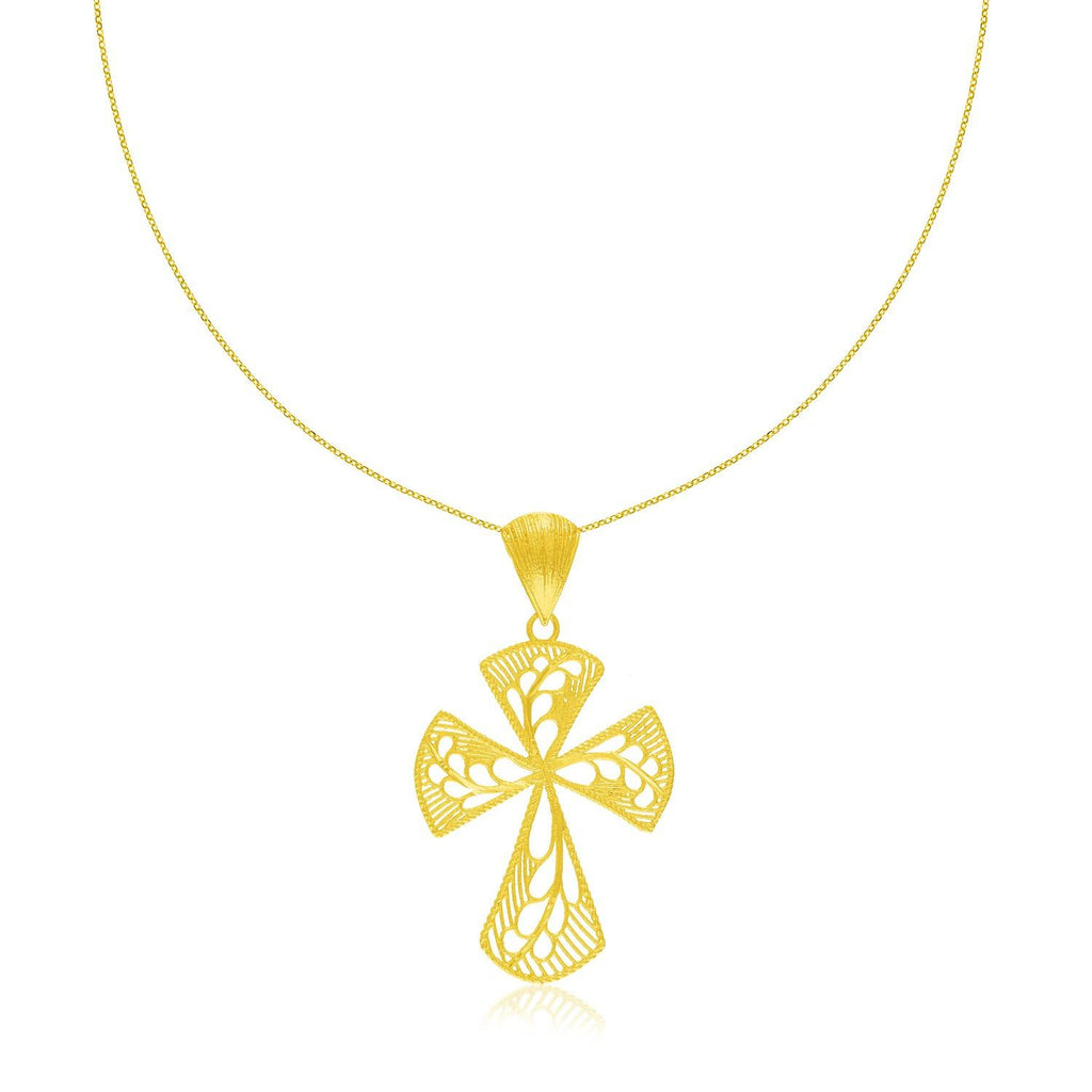 14K Yellow Gold Cross Pendant with Leaf Design Lace Pattern