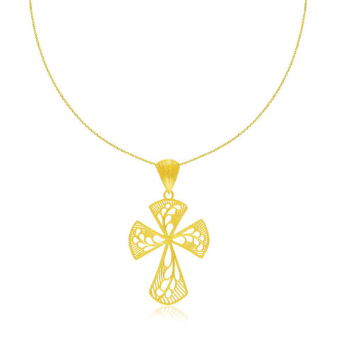 14K Yellow Gold Cross Pendant with Leaf Design Lace Pattern