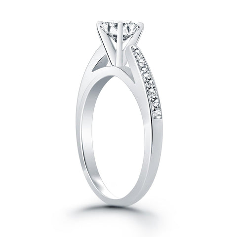 14K White Gold Cathedral Engagement Ring with Pave Diamonds