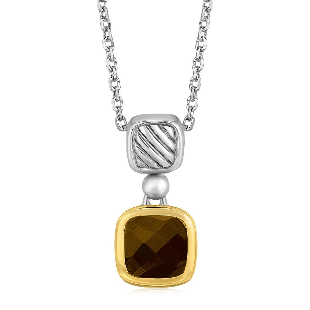 18K Yellow Gold and Sterling Silver Cushion Style Smokey Topaz Necklace