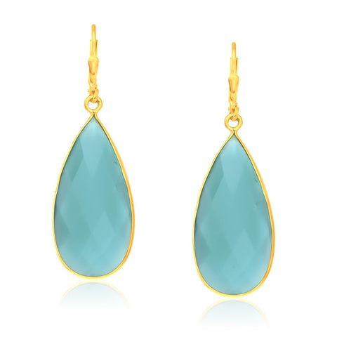 Sterling Silver Yellow Gold Plated Teardrop Aqua Chalcedony Earrings