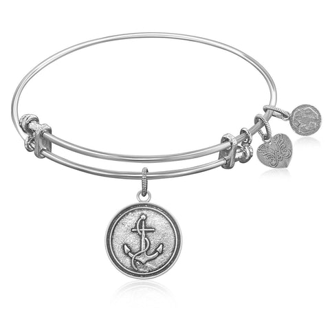 Expandable Bangle in White Tone Brass with Anchor Secure Future Symbol