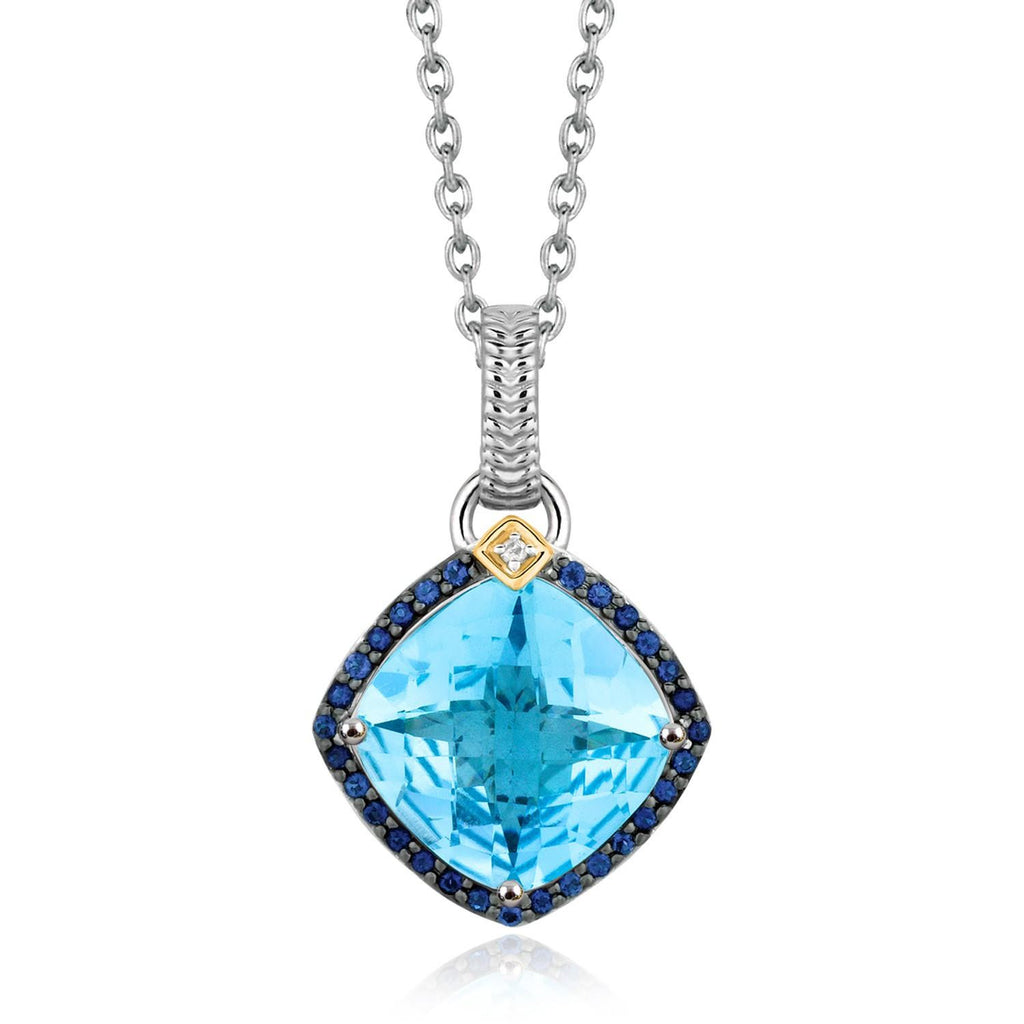 18K Yellow Gold and Sterling Silver Cushion Multi Gemstone and Diamond Pendant