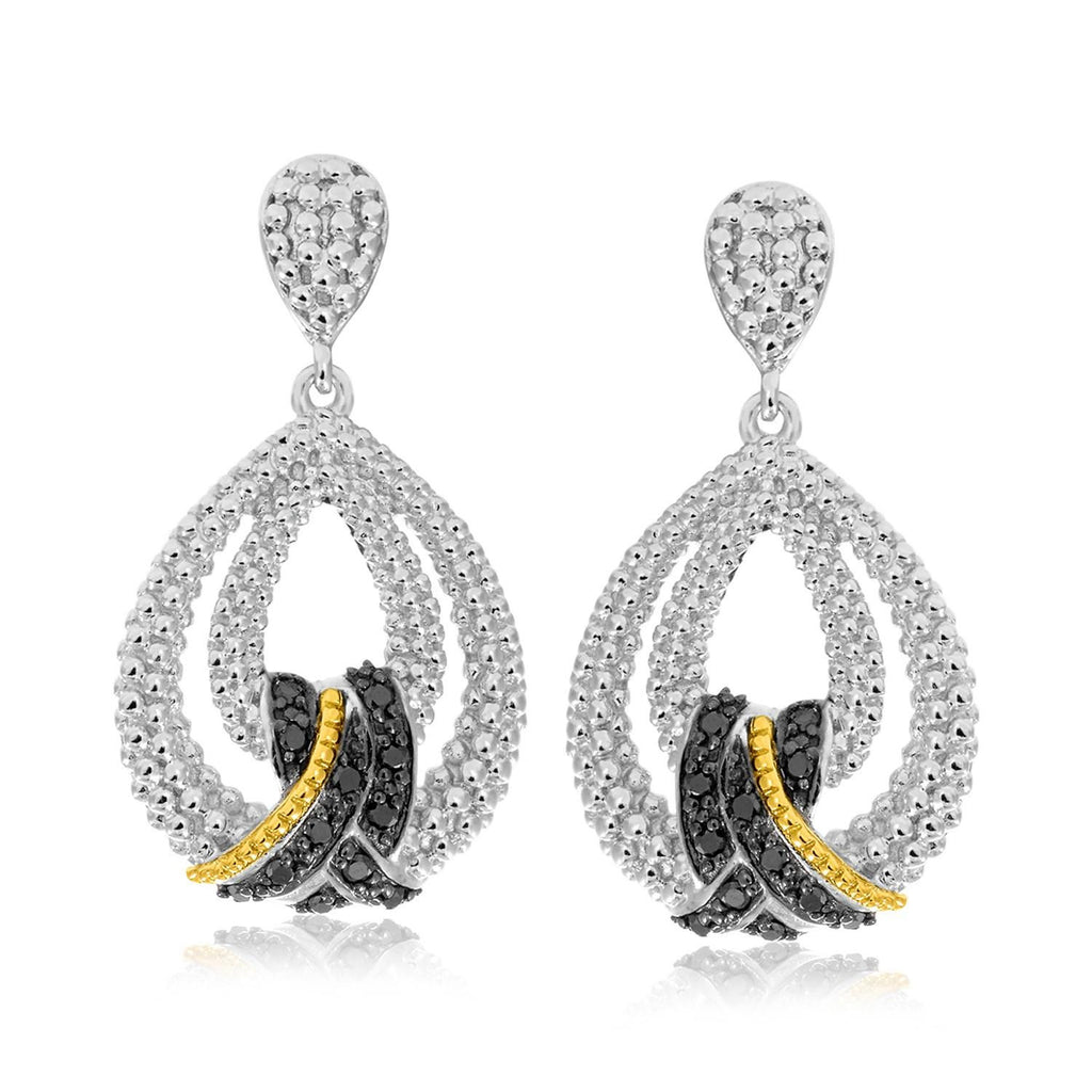 18K Yellow Gold & Sterling Silver Popcorn Teardrop Black Diamond Earrings