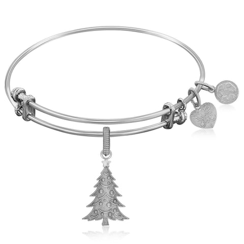 Expandable Bangle in White Tone Brass with Christmas Tree