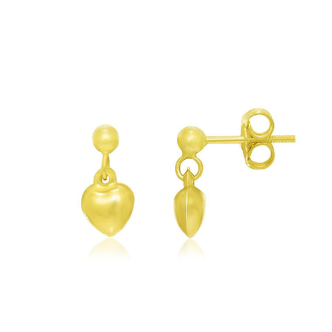 14K Yellow Gold Puffed Heart Children's Dangling Earrings