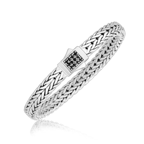 Sterling Silver Braided Black Sapphire Embellished Men's Bracelet