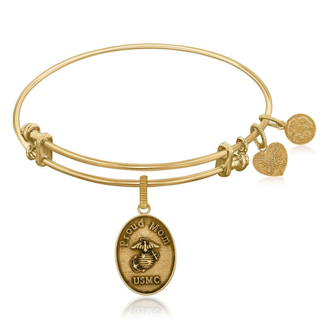 Expandable Bangle in Yellow Tone Brass with U.S. Marine Corps Proud Mom Symbol