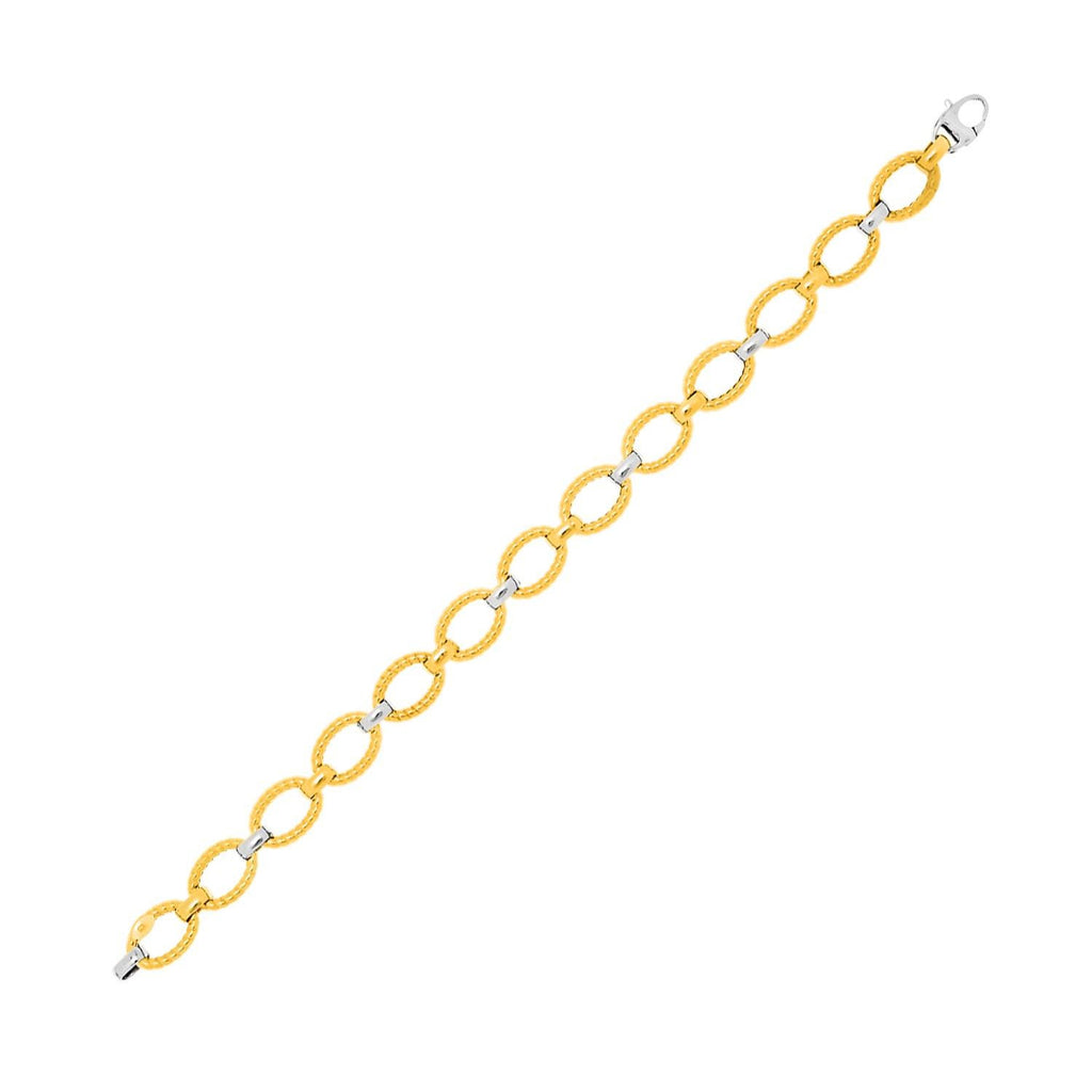 14K Two-Tone Gold Chain Bracelet with Textured Oval Links