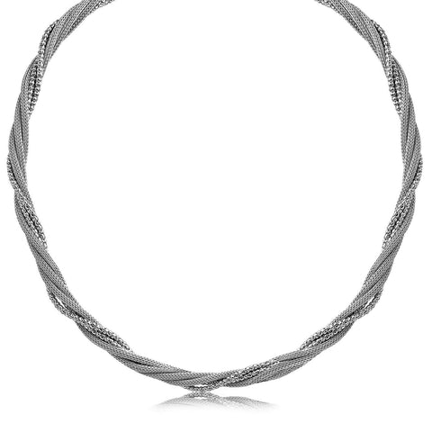 Sterling Silver Rhodium Plated Multi Strand Wheat and Bead Chain Necklace