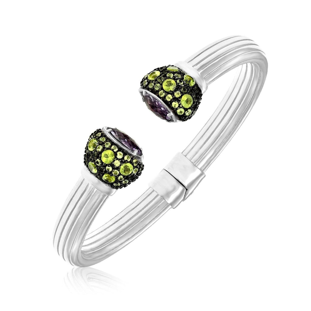 Sterling Silver Open Bangle with Amethyst and Peridot Stones