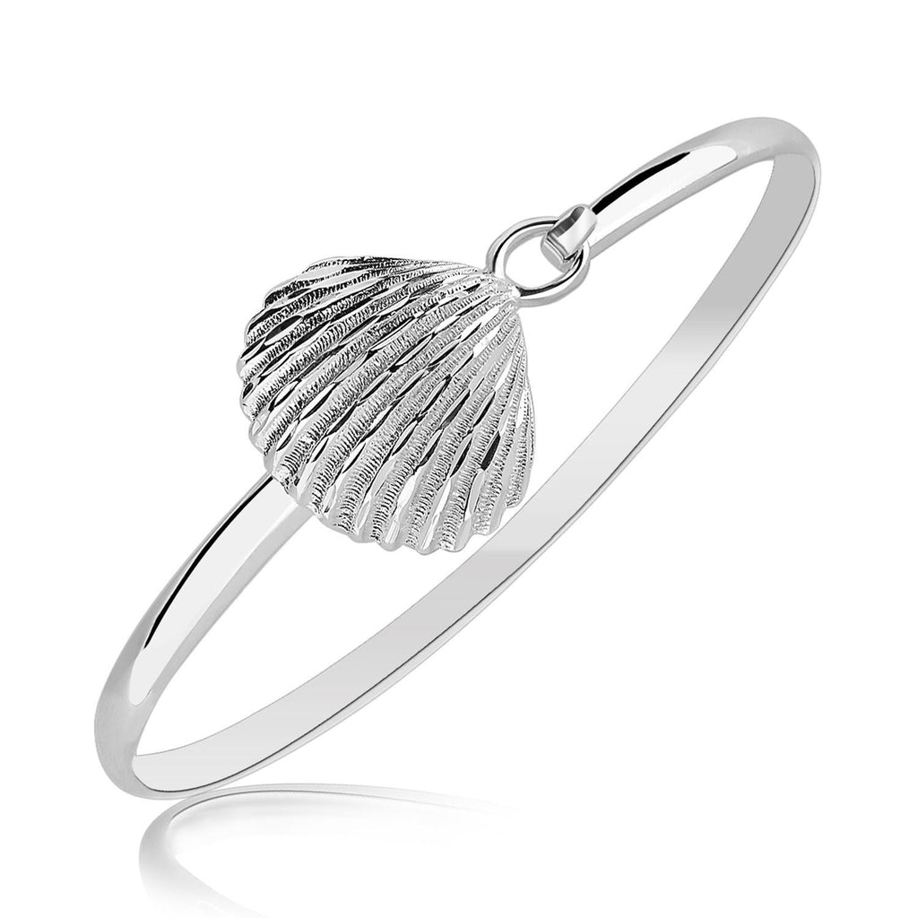 Sterling Silver Rhodium Plated Thin Bangle with a Clam Shell Accent