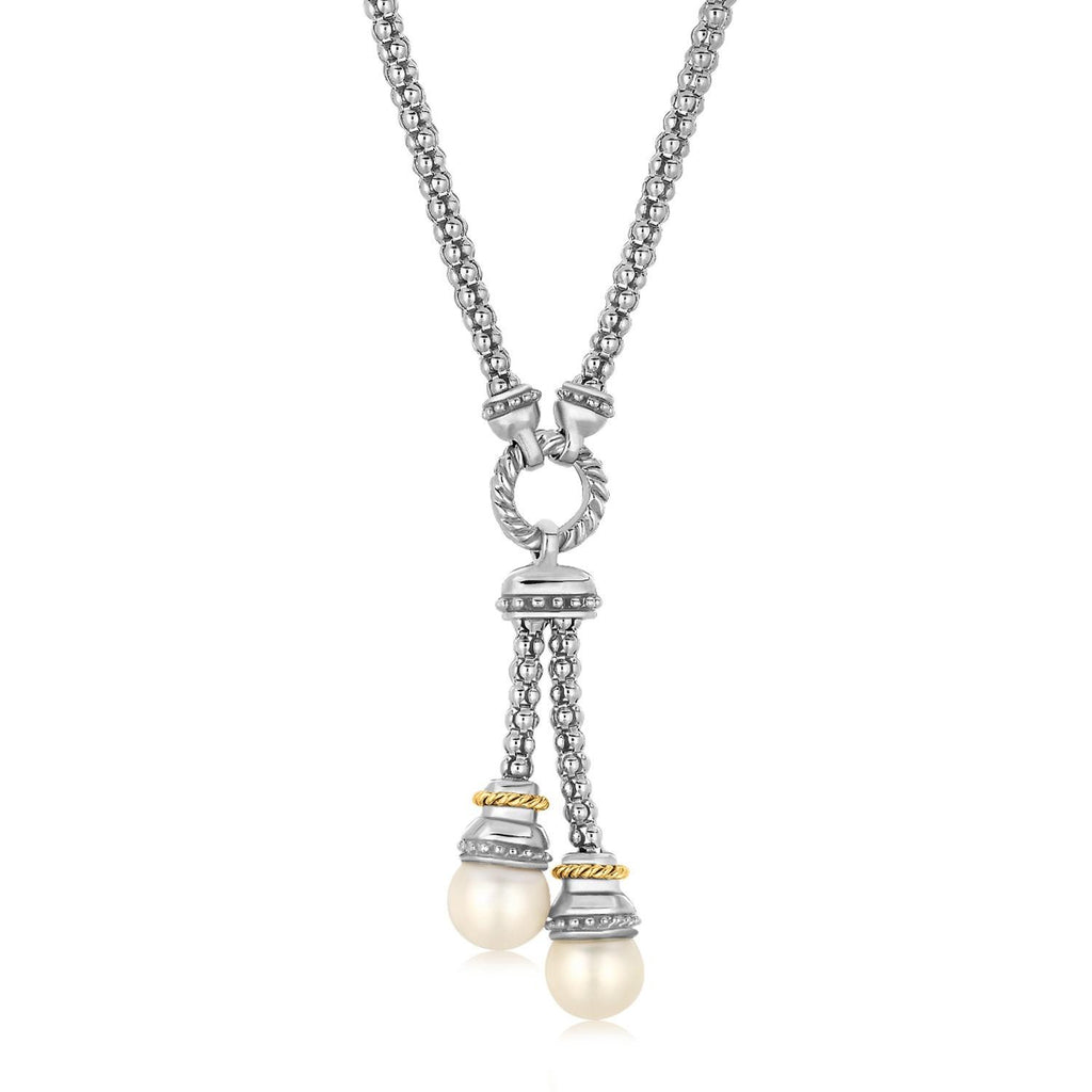 18K Yellow Gold and Sterling Silver Popcorn Style Necklace with Pearl Accents