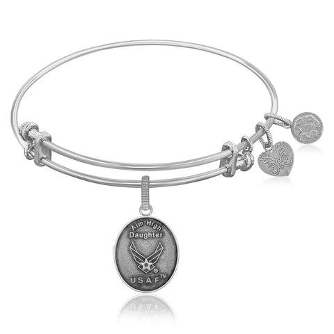 Expandable Bangle in White Tone Brass with USAF Aim High Daughter Symbol