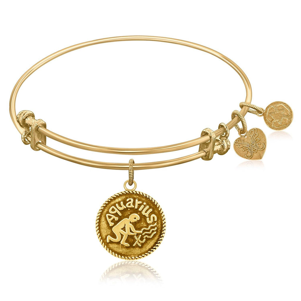 Expandable Bangle in Yellow Tone Brass with Aquarius Symbol