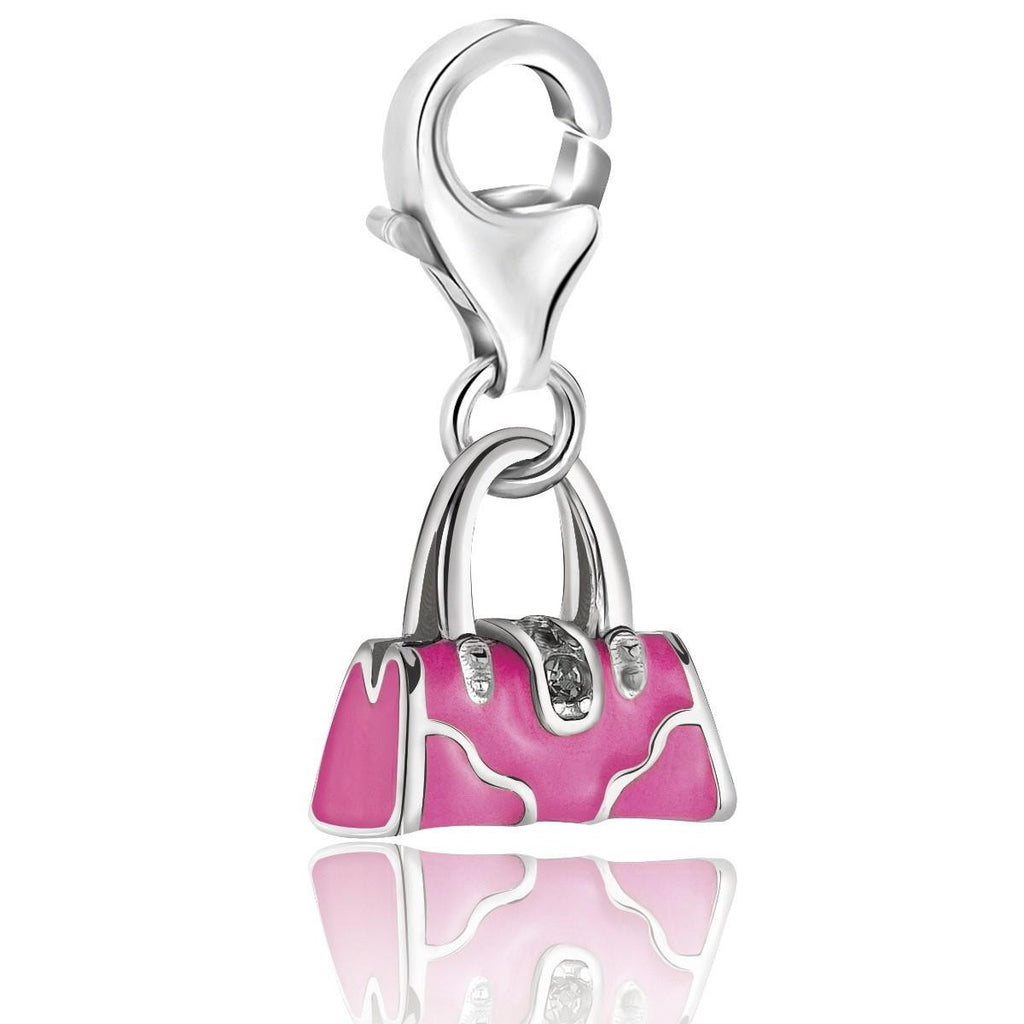 Sterling Silver Pink Enameled Handbag Charm with Crystal Lock Detailing