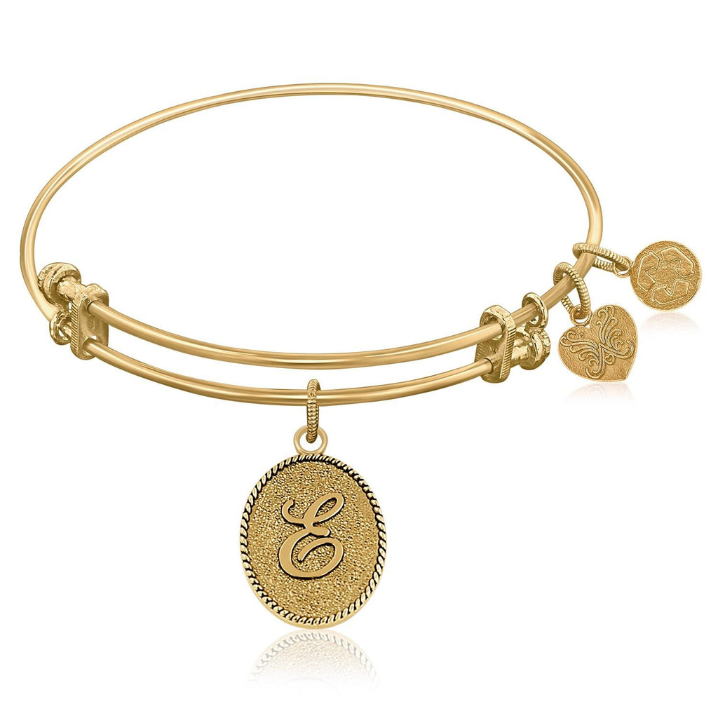 Expandable Bangle in Yellow Tone Brass with Initial E Symbol