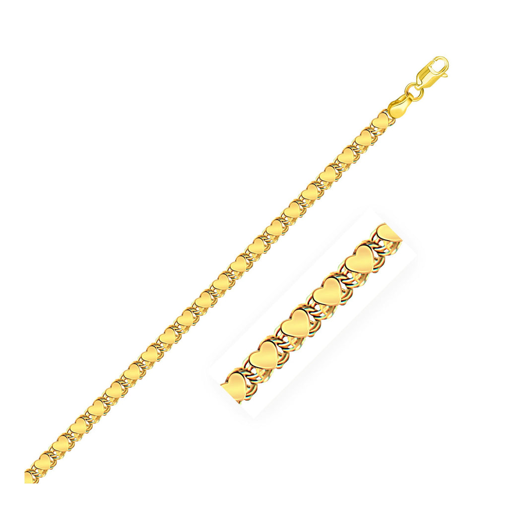 3.3mm 14K Yellow Gold Heart Bracelet