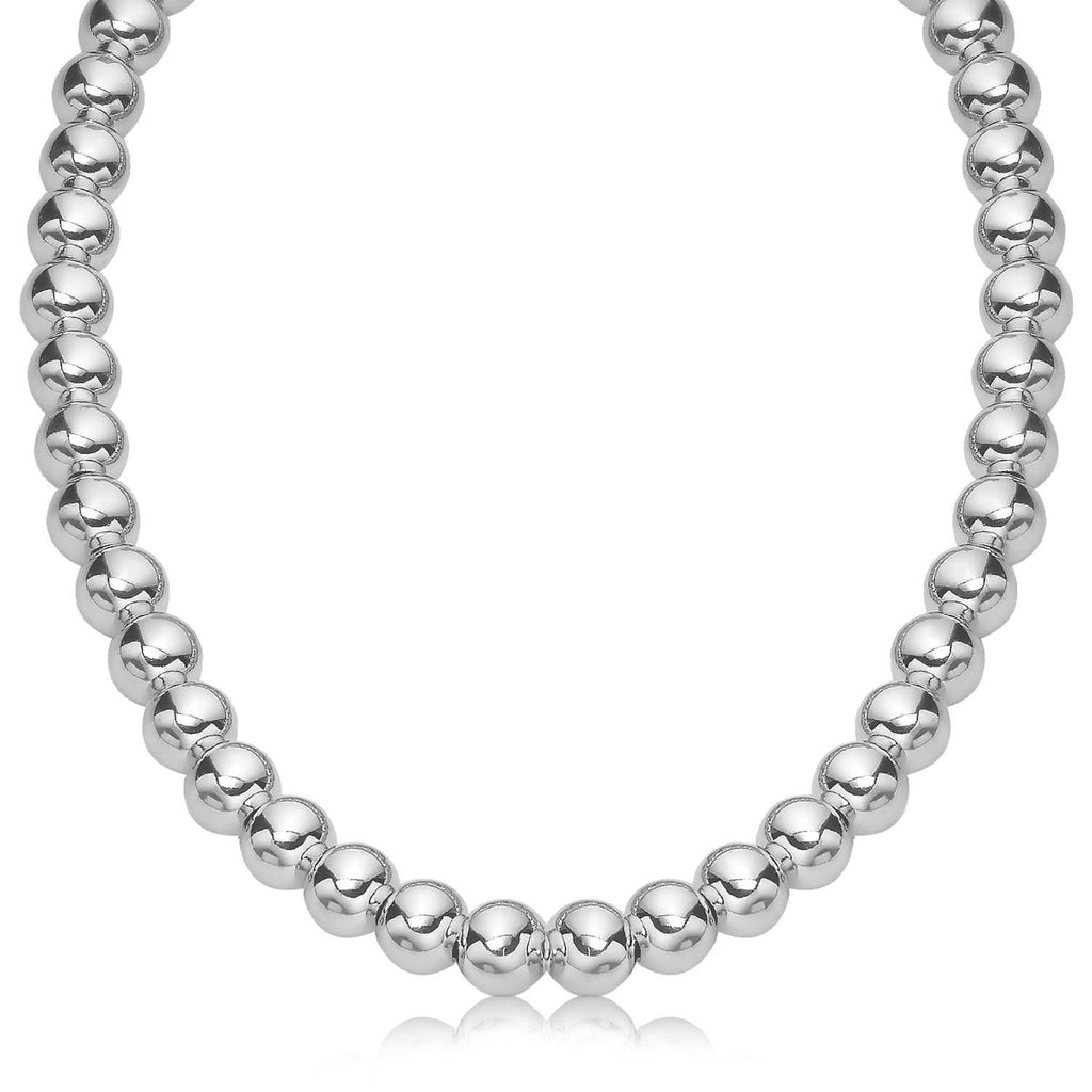 Sterling Silver Polished Bead Necklace with Rhodium Plating (10mm)