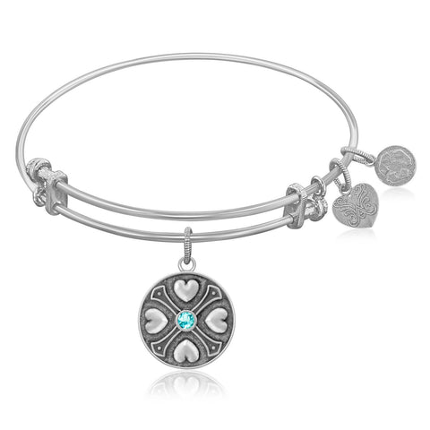 Expandable Bangle in White Tone Brass with Aquamarine March Symbol