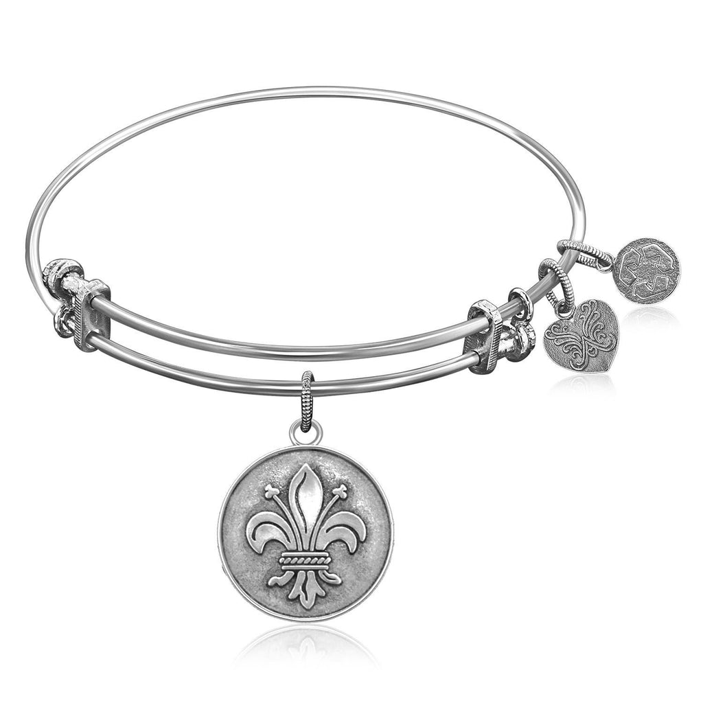 Expandable Bangle in White Tone Brass with Fleur-De-Lis Symbol