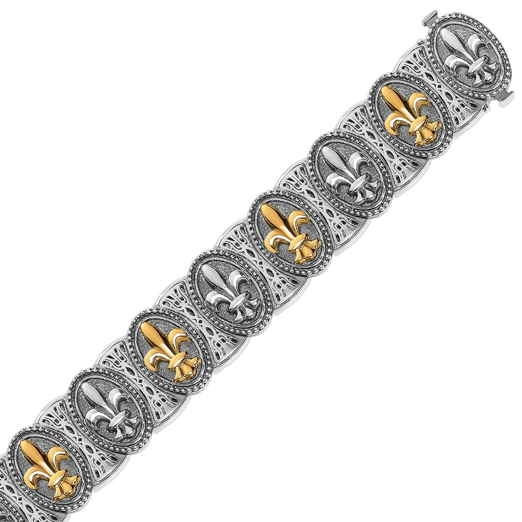 18K Yellow Gold and Sterling Silver Fleur De Lis Motif Fancy Bracelet