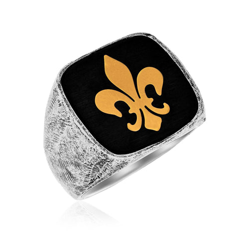 18K Yellow Gold & Sterling Silver Fleur De Lis Men's Ring