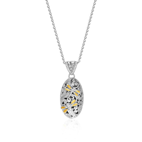 18K Yellow Gold & Sterling Silver Oval Diamond and Dragonfly Pendant