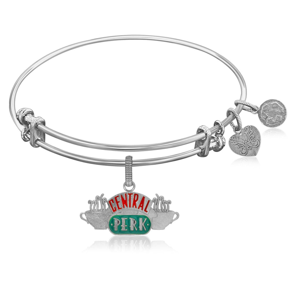 Expandable Bangle in White Tone Brass with Central Perk Symbol